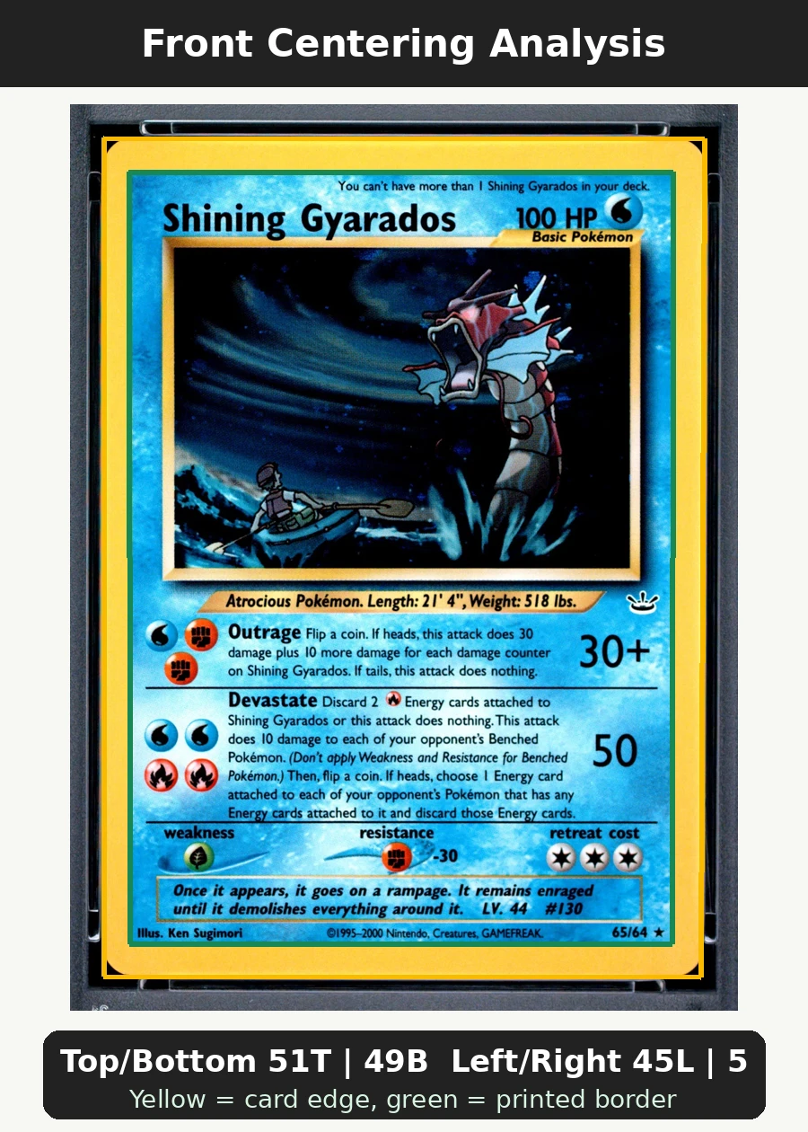 Shining Gyarados 065/64 Neo Revelation front centering analysis showing Top/Bottom 51T | 49B and Left/Right 45L | 55R.