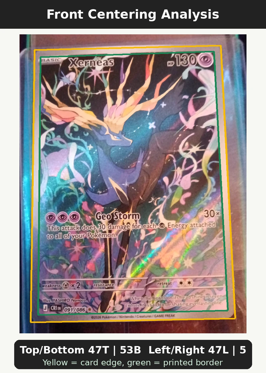 Xerneas 091/86 Chaos Rising front centering analysis showing Top/Bottom 47T | 53B and Left/Right 47L | 53R.