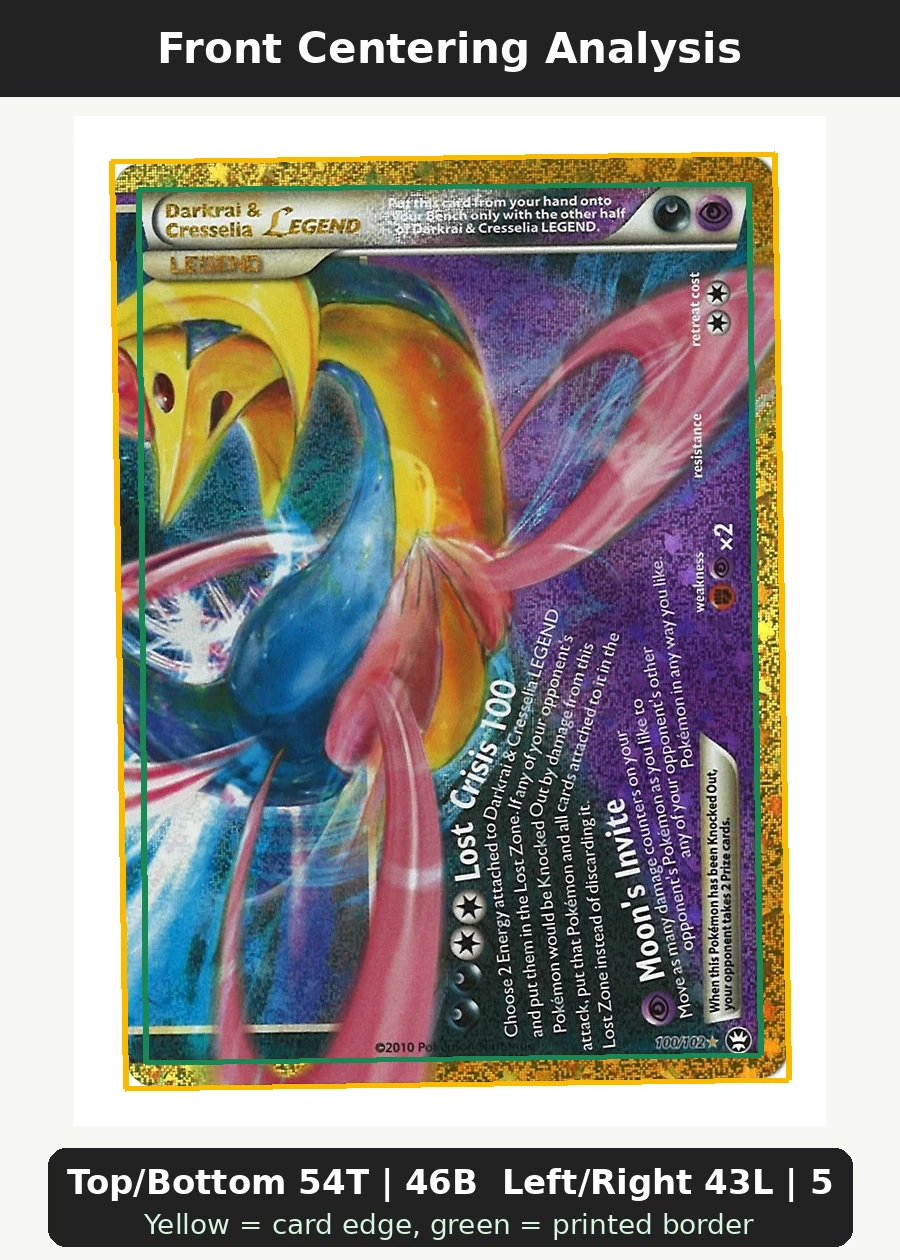Darkrai & Cresselia LEGEND 100/102 Triumphant front centering analysis showing Top/Bottom 54T | 46B and Left/Right 43L | 57R.