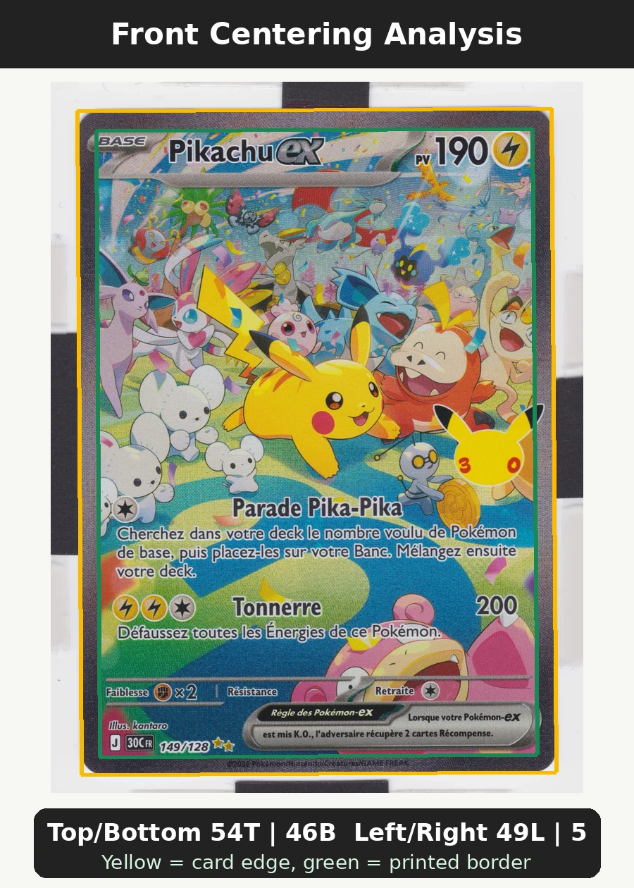 Pikachu ex 149/128 30th Celebration front centering analysis showing Top/Bottom 54T | 46B and Left/Right 49L | 51R.