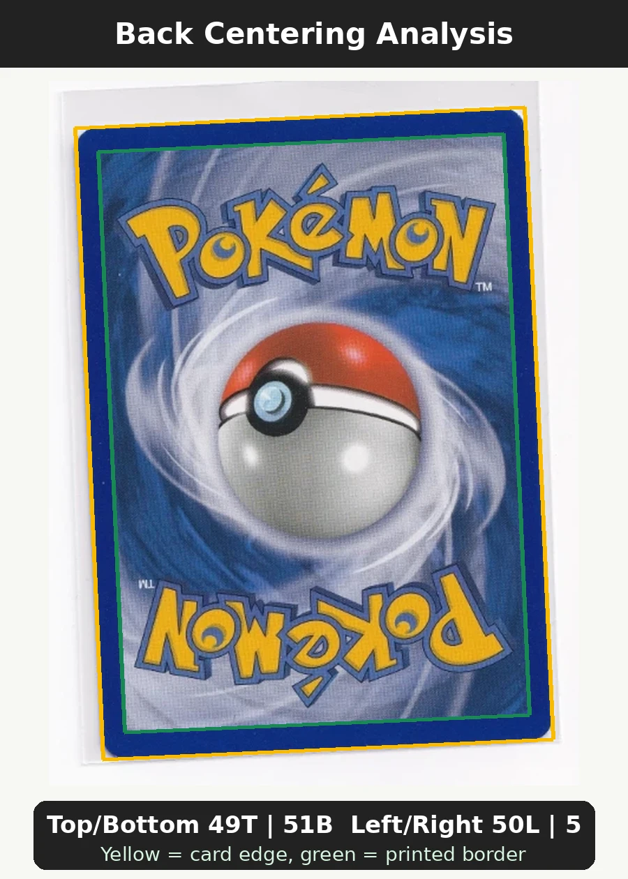 Slowking 014/115 (Holo) Unseen Forces back centering analysis showing Top/Bottom 49T | 51B and Left/Right 50L | 50R.