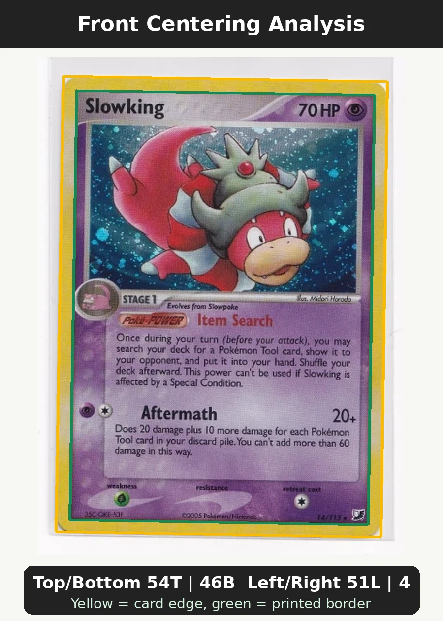 Slowking 014/115 (Holo) Unseen Forces front centering analysis showing Top/Bottom 54T | 46B and Left/Right 51L | 49R.