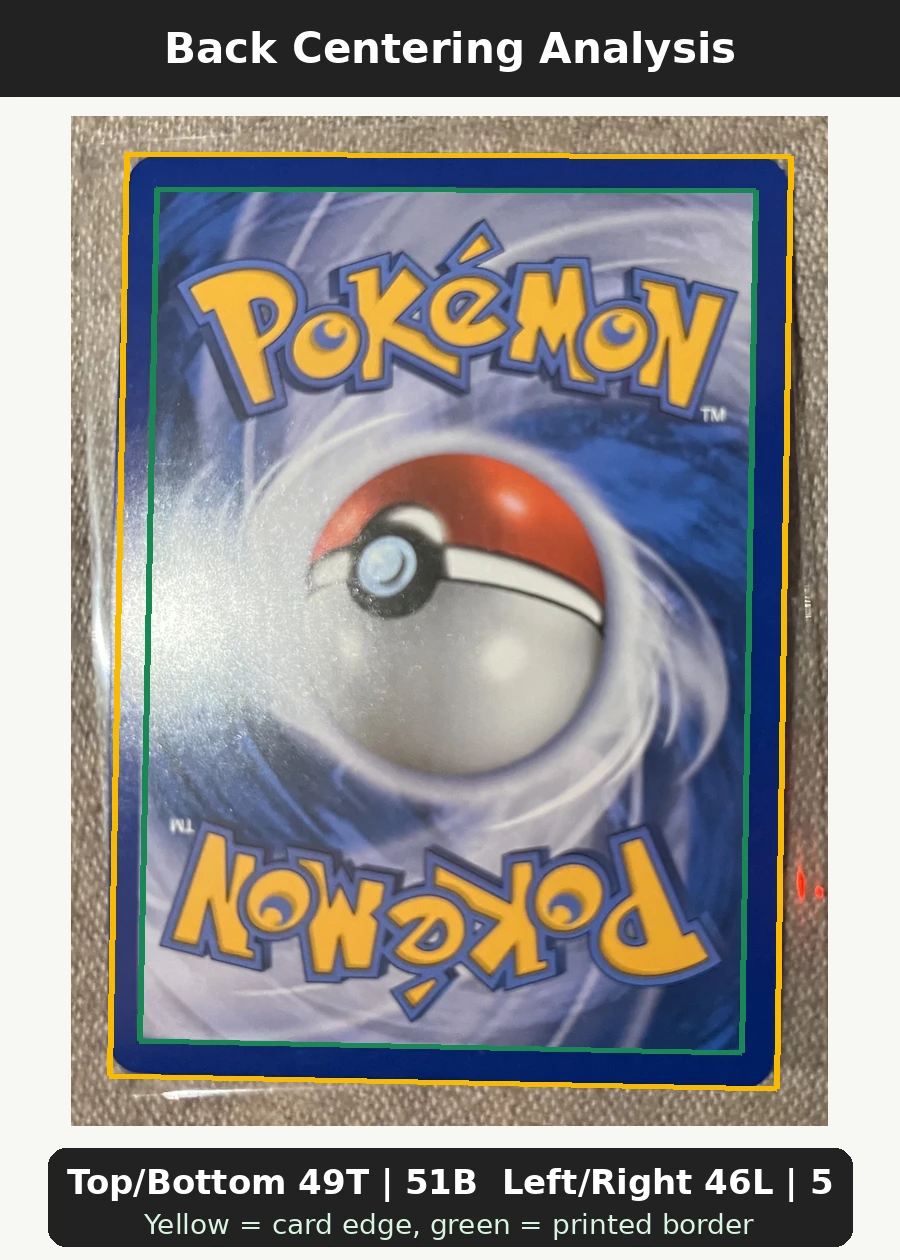 Pikachu HGSS03/25 HGSS Black Star Promos back centering analysis showing Top/Bottom 49T | 51B and Left/Right 46L | 54R.