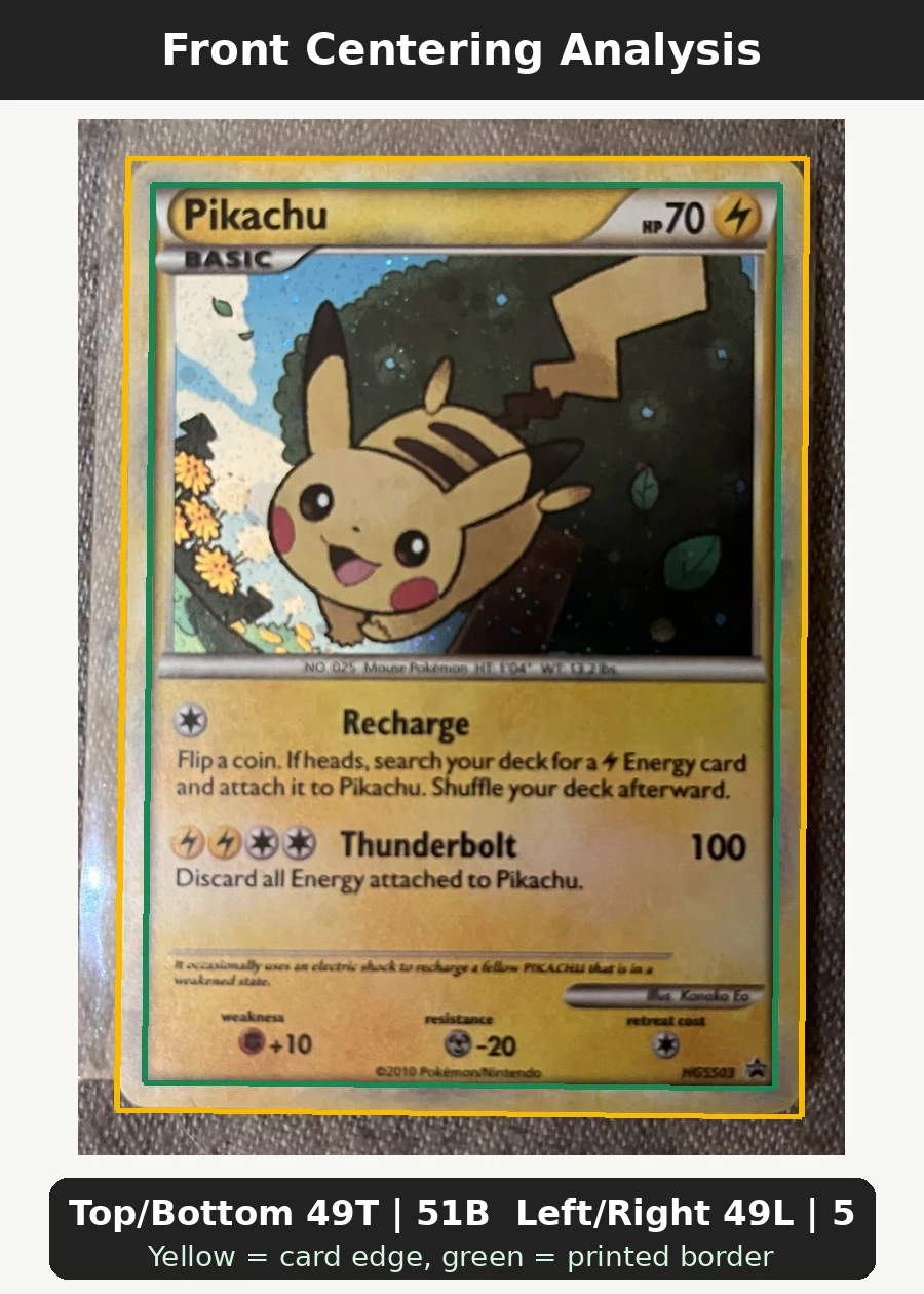 Pikachu HGSS03/25 HGSS Black Star Promos front centering analysis showing Top/Bottom 49T | 51B and Left/Right 49L | 51R.