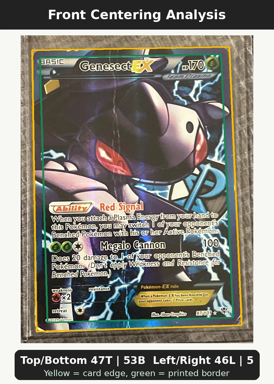 Genesect-EX 097/101 Plasma Blast front centering analysis showing Top/Bottom 47T | 53B and Left/Right 46L | 54R.