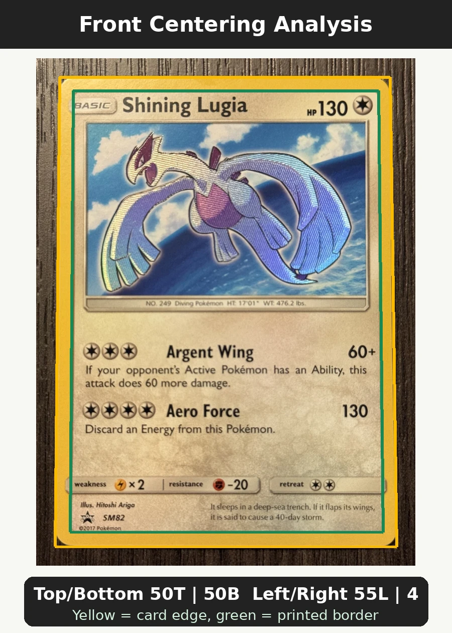 Shining Lugia SM82/248 SM Black Star Promos front centering analysis showing Top/Bottom 50T | 50B and Left/Right 55L | 45R.