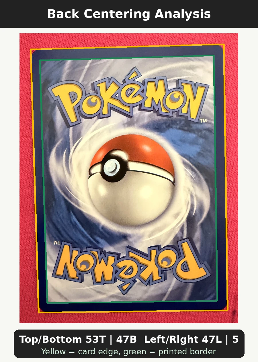 Magikarp 203 30th Classic Collection back centering analysis showing Top/Bottom 53T | 47B and Left/Right 47L | 53R.