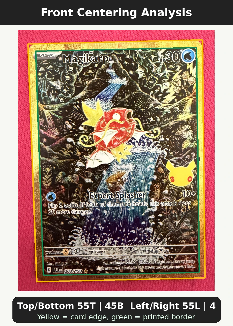 Magikarp 203 30th Classic Collection front centering analysis showing Top/Bottom 55T | 45B and Left/Right 55L | 45R.