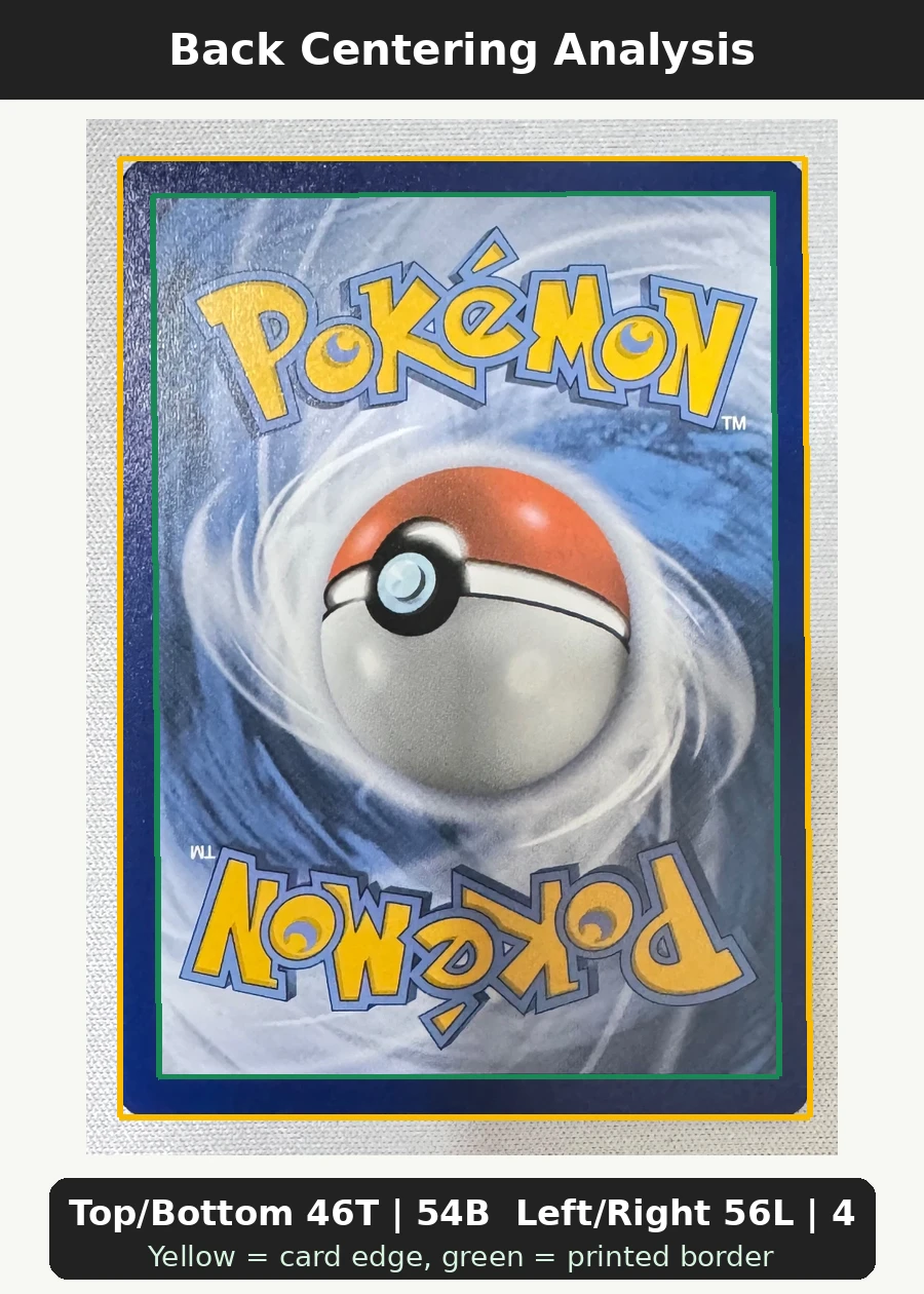 Reshiram & Charizard GX SM247/248 SM Black Star Promos back centering analysis showing Top/Bottom 46T | 54B and Left/Right 56L | 44R.