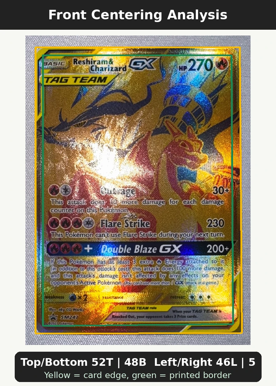 Reshiram & Charizard GX SM247/248 SM Black Star Promos front centering analysis showing Top/Bottom 52T | 48B and Left/Right 46L | 54R.