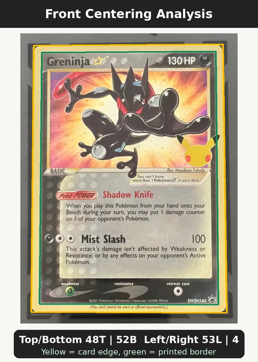 Greninja {star} SWSH144/307 SWSH Black Star Promos front centering analysis showing Top/Bottom 48T | 52B and Left/Right 53L | 47R.
