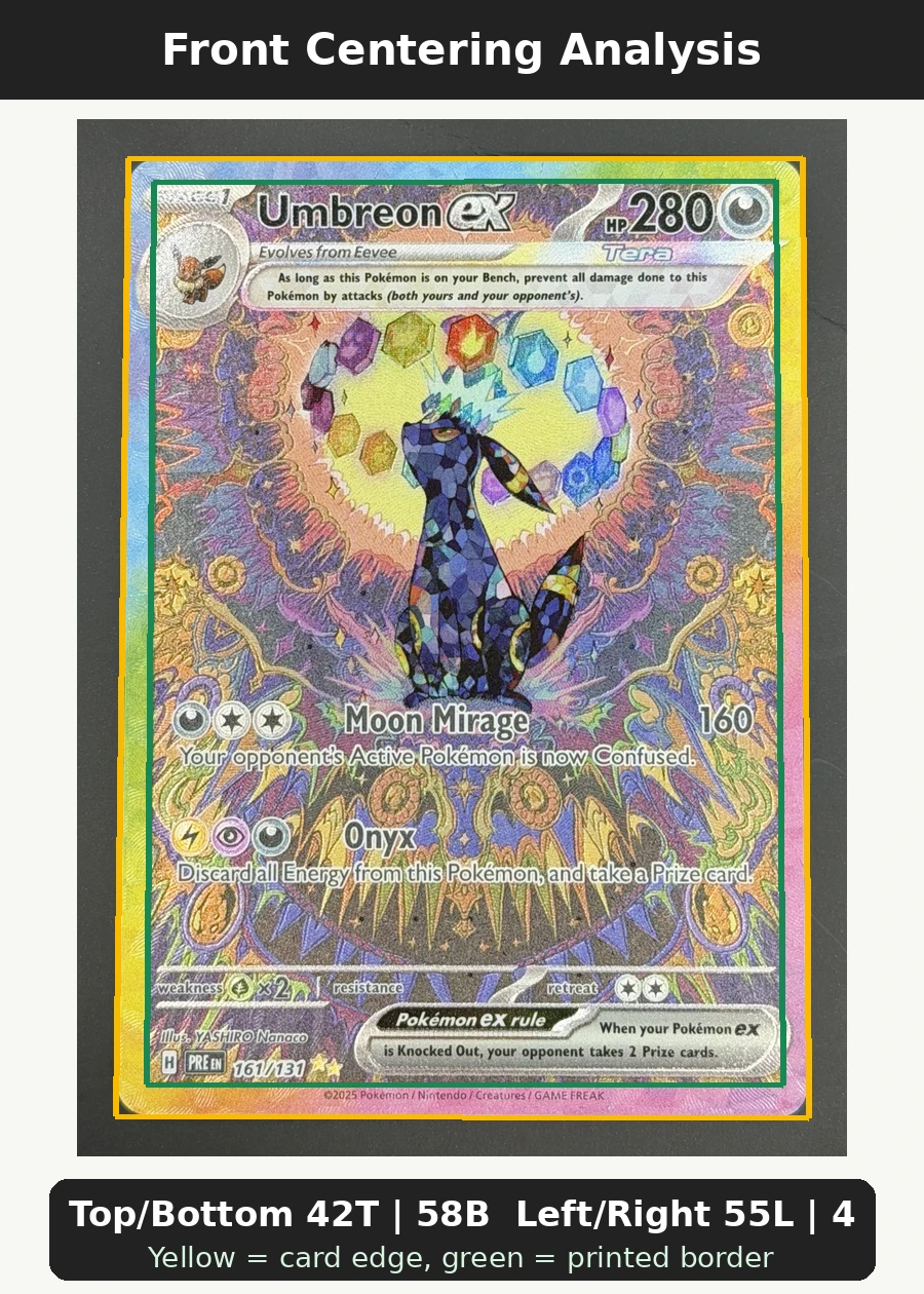 Umbreon ex 161/131 Prismatic Evolutions front centering analysis showing Top/Bottom 42T | 58B and Left/Right 55L | 45R.