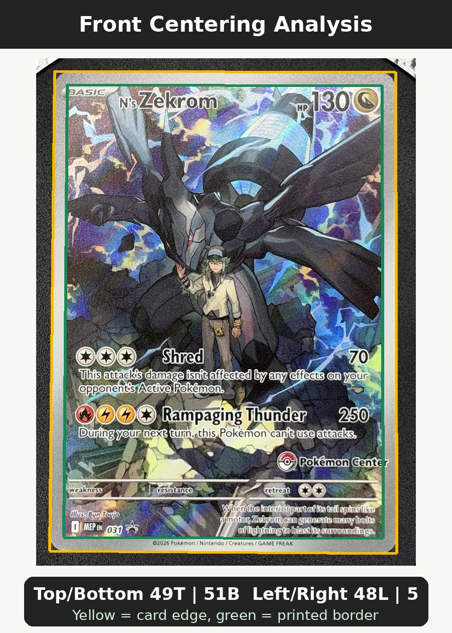 N's Zekrom 031 MEP Black Star Promos front centering analysis showing Top/Bottom 49T | 51B and Left/Right 48L | 52R.