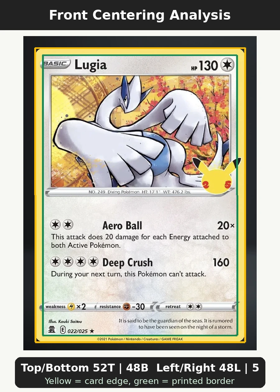 Lugia 022/25 Celebrations front centering analysis showing Top/Bottom 52T | 48B and Left/Right 48L | 52R.