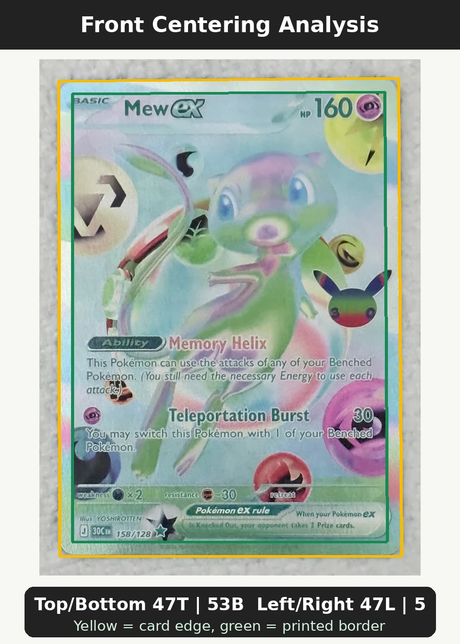 Mew ex 158/128 30th Celebration front centering analysis showing Top/Bottom 47T | 53B and Left/Right 47L | 53R.