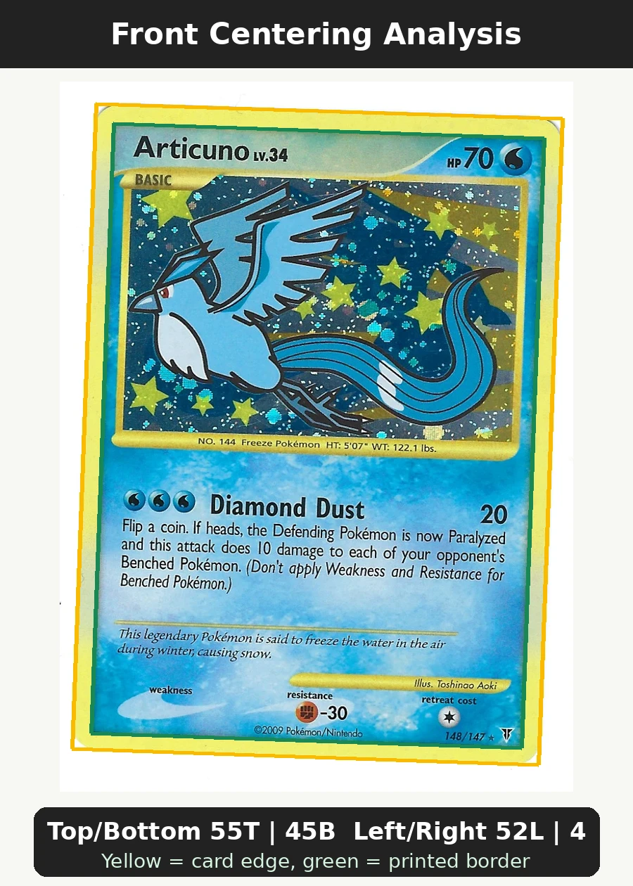 Articuno 148/147 Supreme Victors front centering analysis showing Top/Bottom 55T | 45B and Left/Right 52L | 48R.