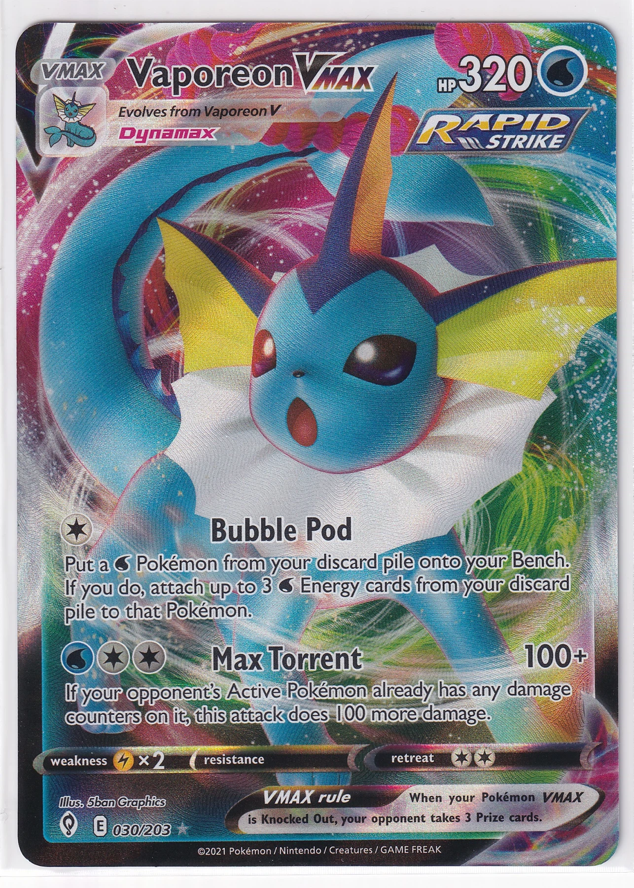 Vaporeon VMAX 030/203 Evolving Skies front card photo in GradeValue pregrading report