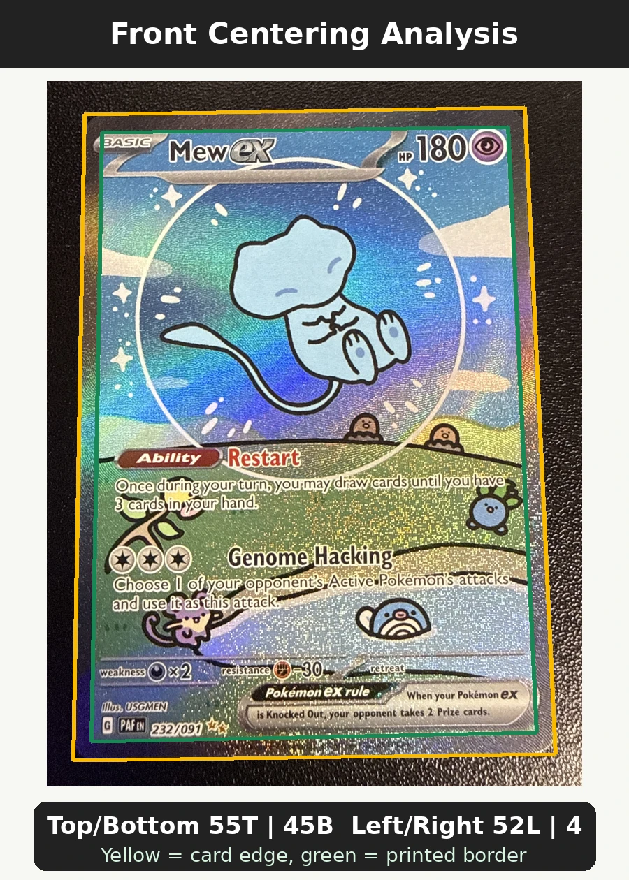 Mew ex 232/91 Paldean Fates front centering analysis showing Top/Bottom 55T | 45B and Left/Right 52L | 48R.