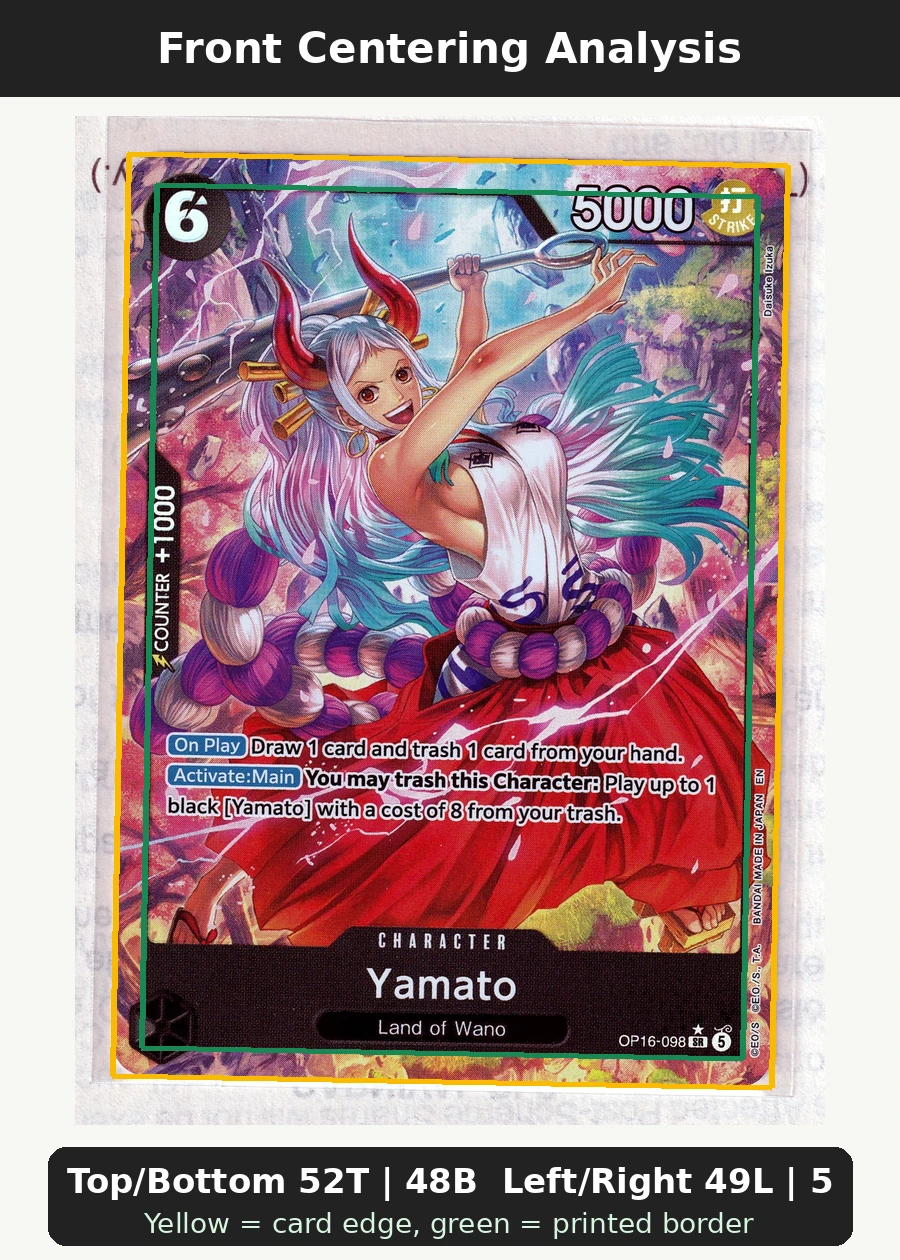 Yamato (OP16-098) · Alternate Art OP16-098 The Time of Battle front centering analysis showing Top/Bottom 52T | 48B and Left/Right 49L | 51R.
