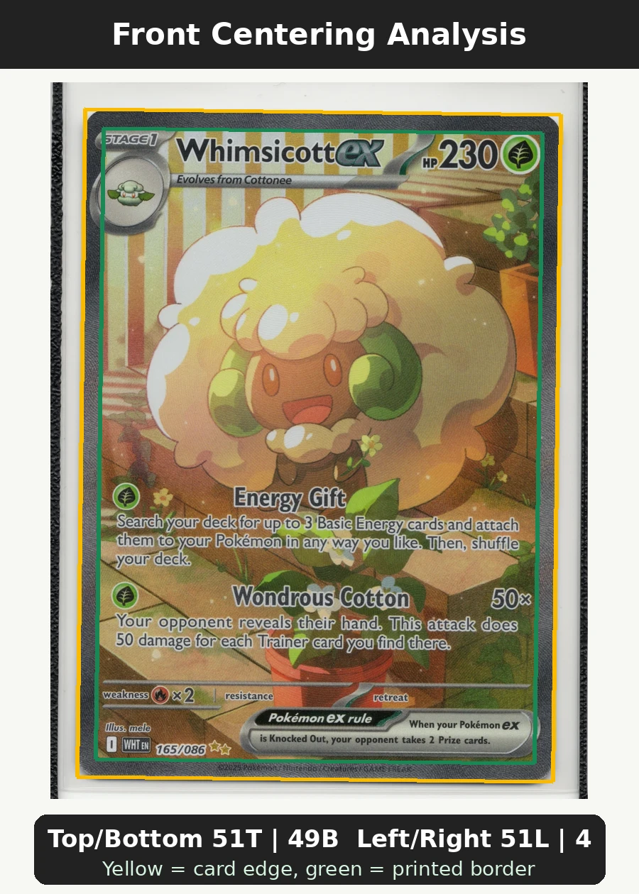 Whimsicott ex 165/86 White Flare front centering analysis showing Top/Bottom 51T | 49B and Left/Right 51L | 49R.