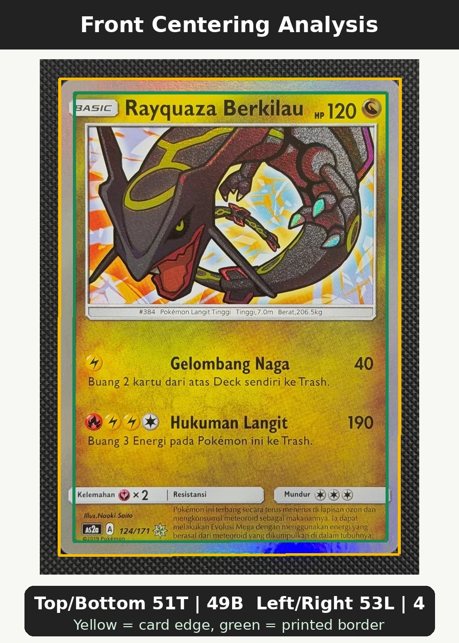 Shining Rayquaza 056/73 Shining Legends front centering analysis showing Top/Bottom 51T | 49B and Left/Right 53L | 47R.
