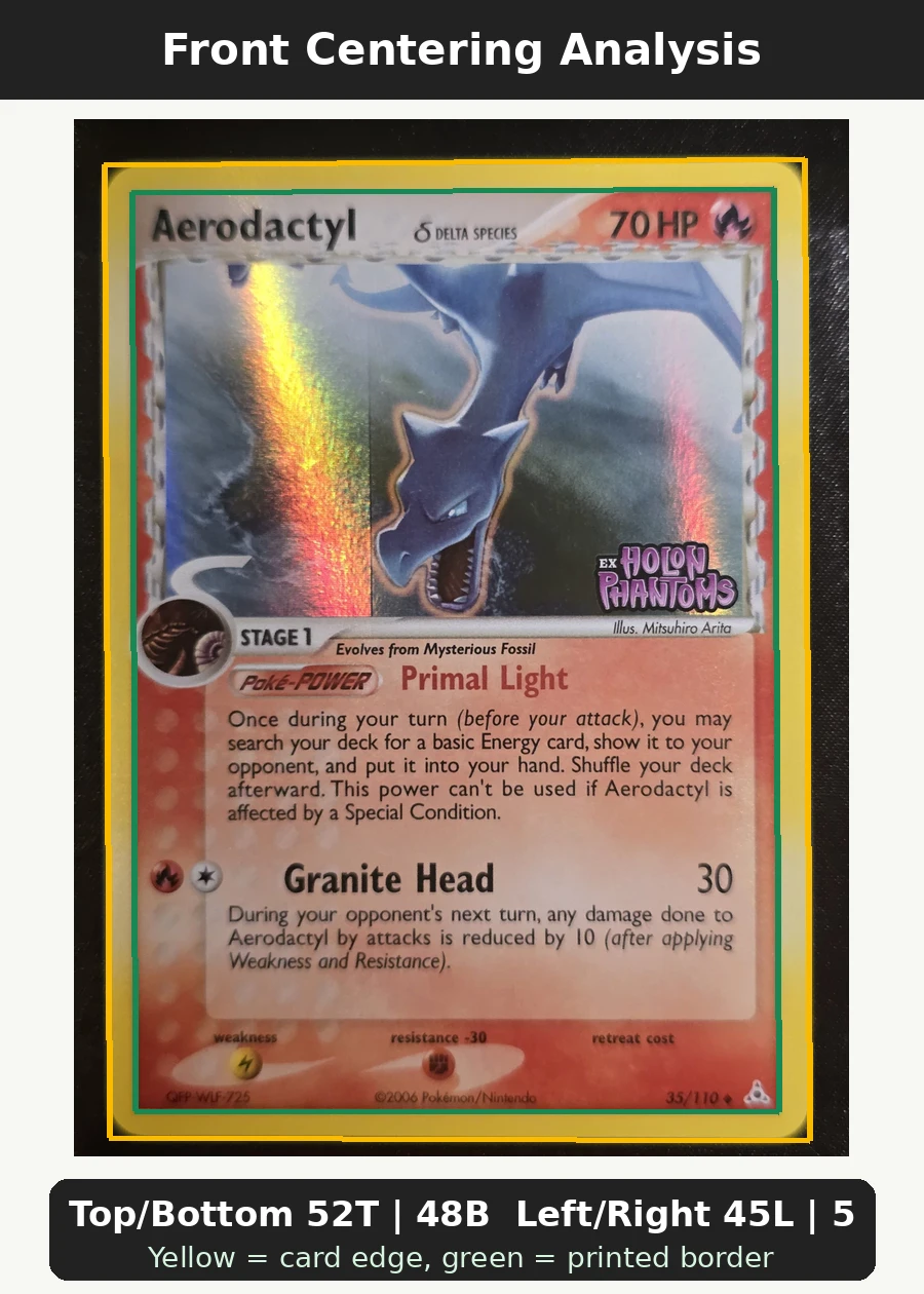 Aerodactyl δ 035/110 Holon Phantoms front centering analysis showing Top/Bottom 52T | 48B and Left/Right 45L | 55R.