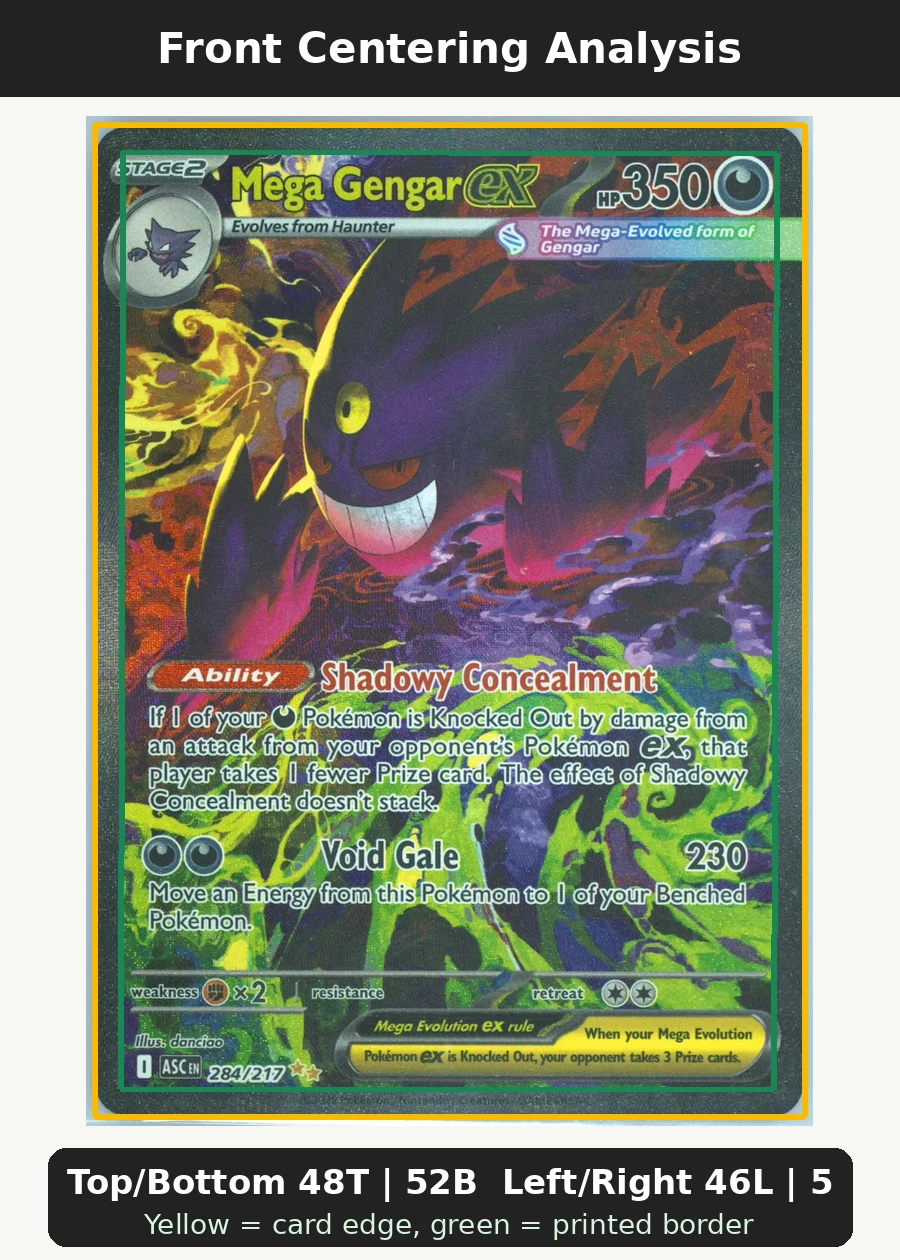 Mega Gengar ex 284/217 Ascended Heroes front centering analysis showing Top/Bottom 48T | 52B and Left/Right 46L | 54R.