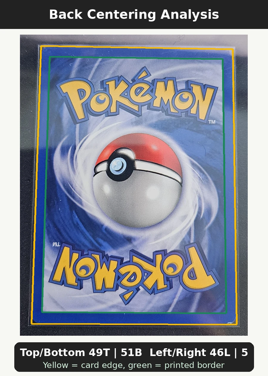 ___________'s Pikachu 024/53 Wizards Black Star Promos back centering analysis showing Top/Bottom 49T | 51B and Left/Right 46L | 54R.