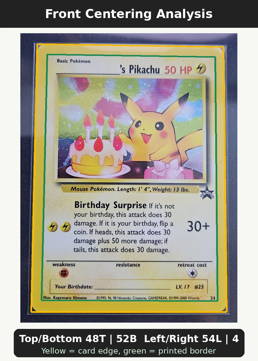 ___________'s Pikachu 024/53 Wizards Black Star Promos front centering analysis showing Top/Bottom 48T | 52B and Left/Right 54L | 46R.