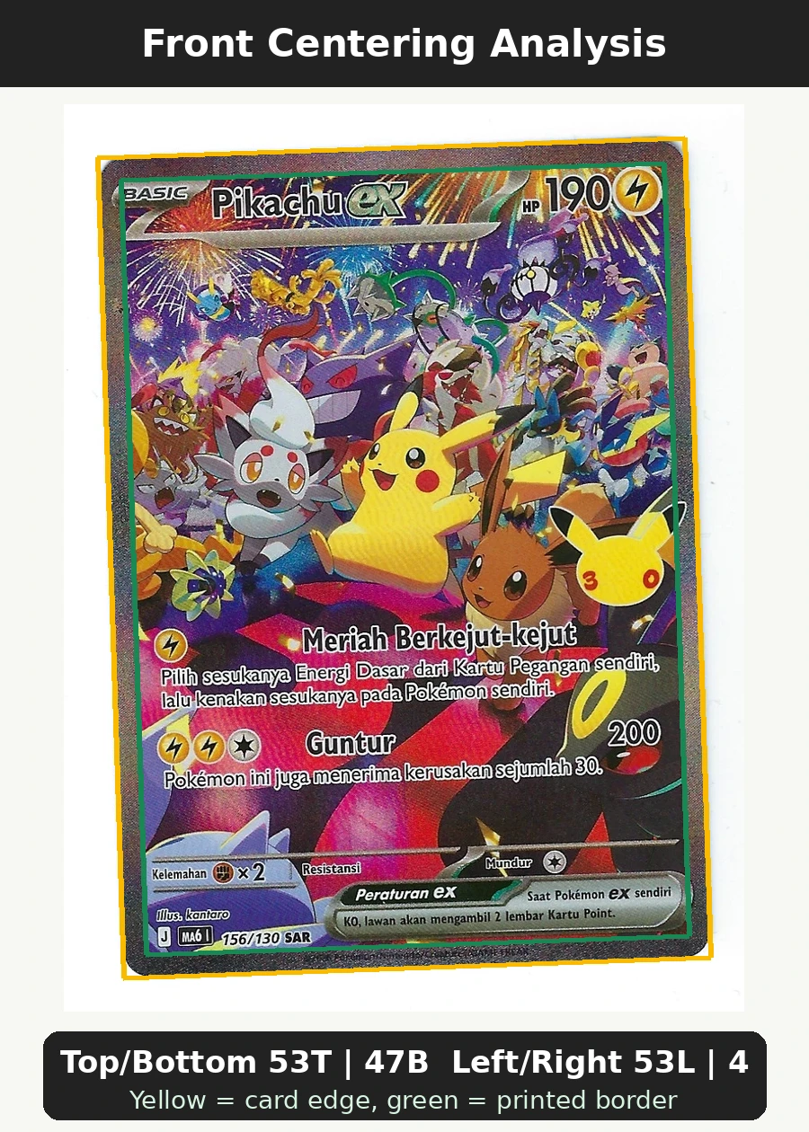 Pikachu ex 150/128 30th Celebration front centering analysis showing Top/Bottom 53T | 47B and Left/Right 53L | 47R.