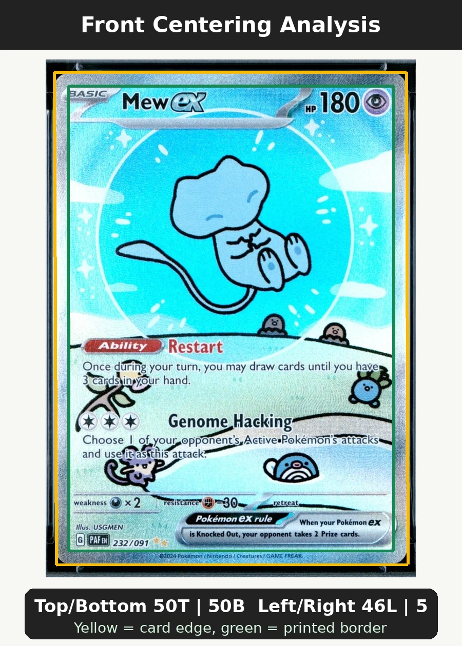 Mew ex 232/91 Paldean Fates front centering analysis showing Top/Bottom 50T | 50B and Left/Right 46L | 54R.