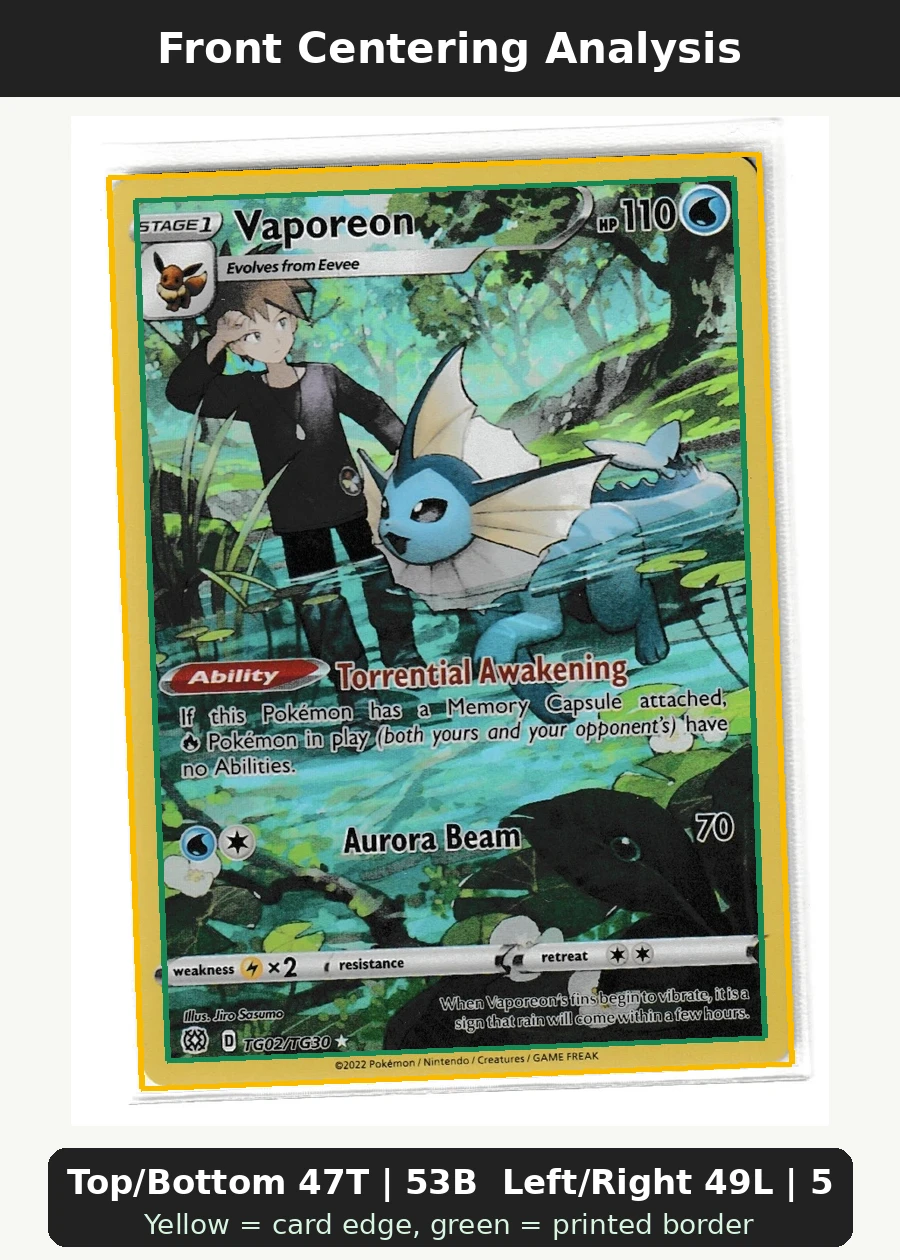 Vaporeon TG02/172 Brilliant Stars front centering analysis showing Top/Bottom 47T | 53B and Left/Right 49L | 51R.