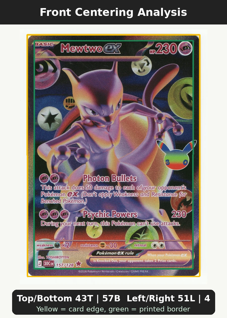 Mewtwo ex 157/128 30th Celebration front centering analysis showing Top/Bottom 43T | 57B and Left/Right 51L | 49R.