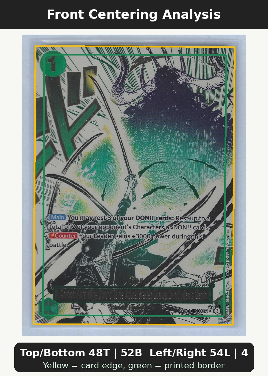 Demon Aura Nine Sword Style Asura Blades Drawn Dead Man's Game (OP12-037) OP12-037 Legacy of the Master front centering analysis showing Top/Bottom 48T | 52B and Left/Right 54L | 46R.