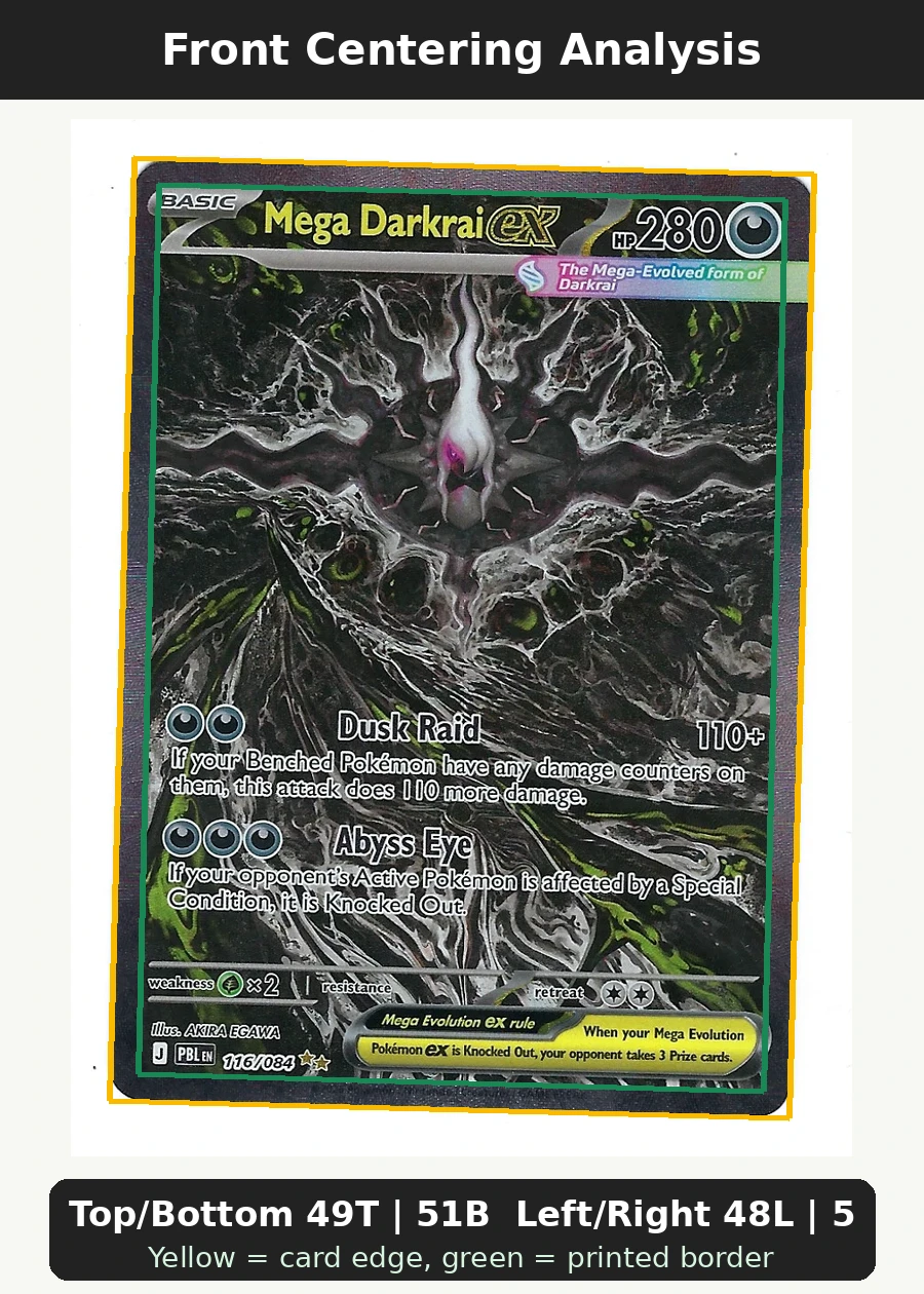 Mega Darkrai ex 116/84 Pitch Black front centering analysis showing Top/Bottom 49T | 51B and Left/Right 48L | 52R.