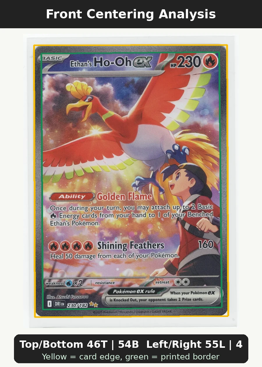Ethan's Ho-Oh ex 230/182 Destined Rivals front centering analysis showing Top/Bottom 46T | 54B and Left/Right 55L | 45R.