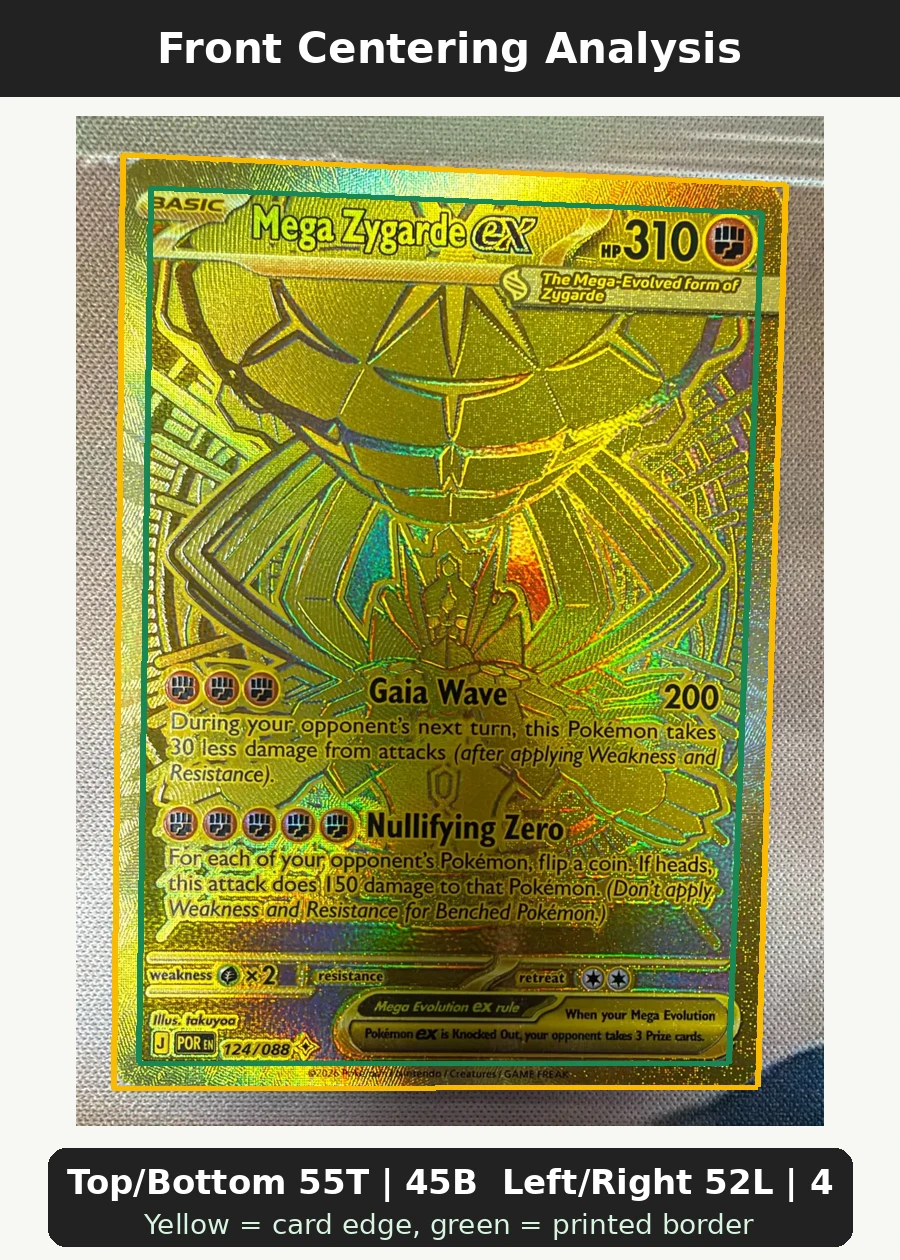 Mega Zygarde ex 124/88 Perfect Order front centering analysis showing Top/Bottom 55T | 45B and Left/Right 52L | 48R.