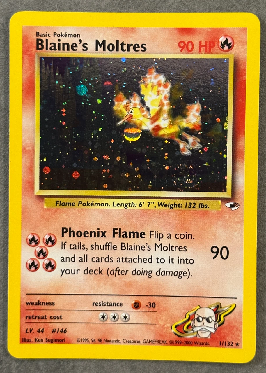 Blaine's Moltres 001/132 Gym Heroes front card photo in GradeValue pregrading report