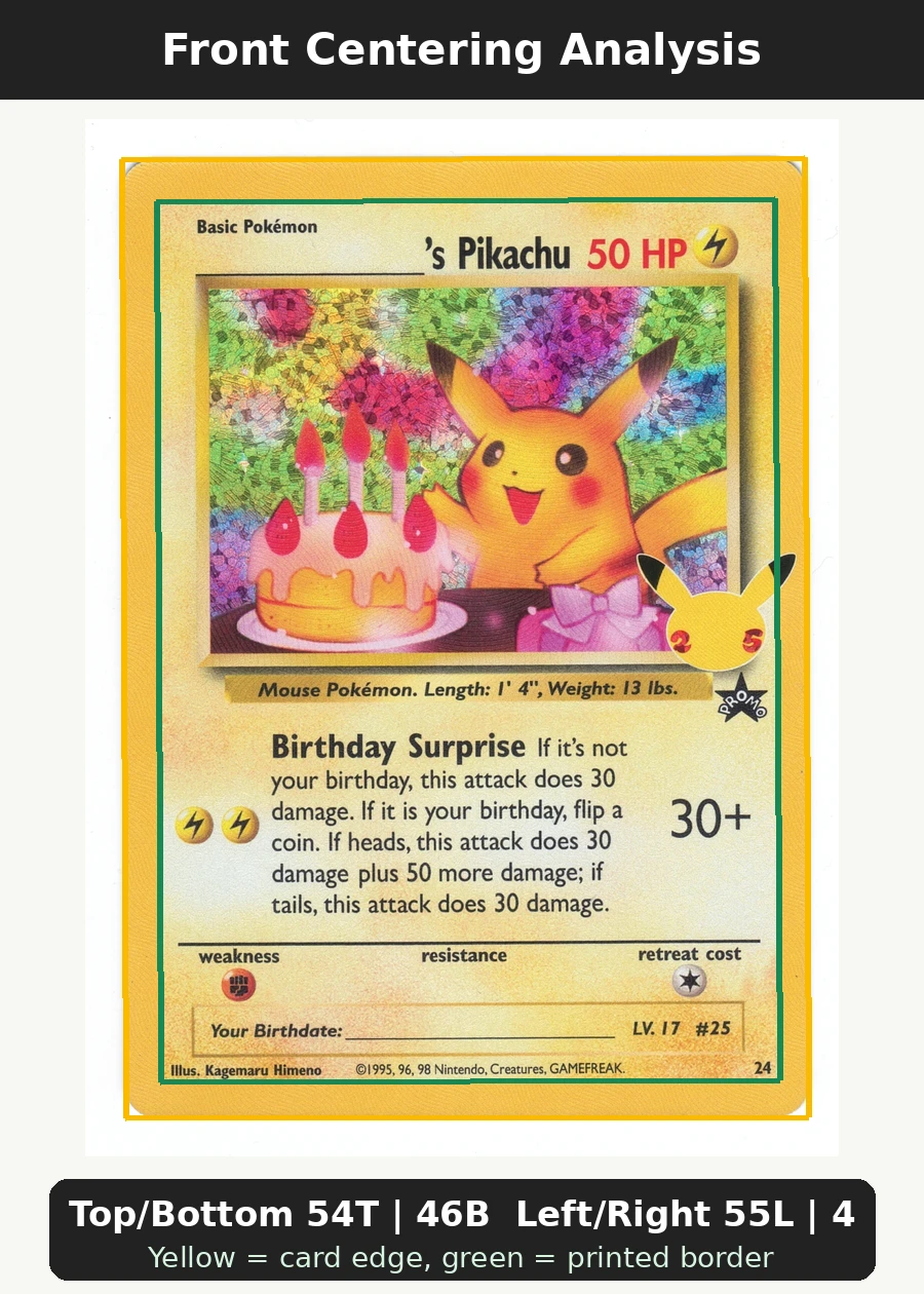 _____'s Pikachu 24A/25 Celebrations front centering analysis showing Top/Bottom 54T | 46B and Left/Right 55L | 45R.
