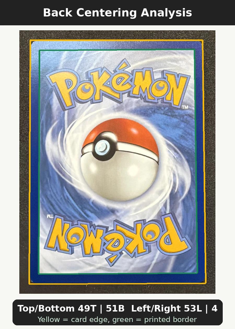 Haunter 027 MEP Black Star Promos back centering analysis showing Top/Bottom 49T | 51B and Left/Right 53L | 47R.