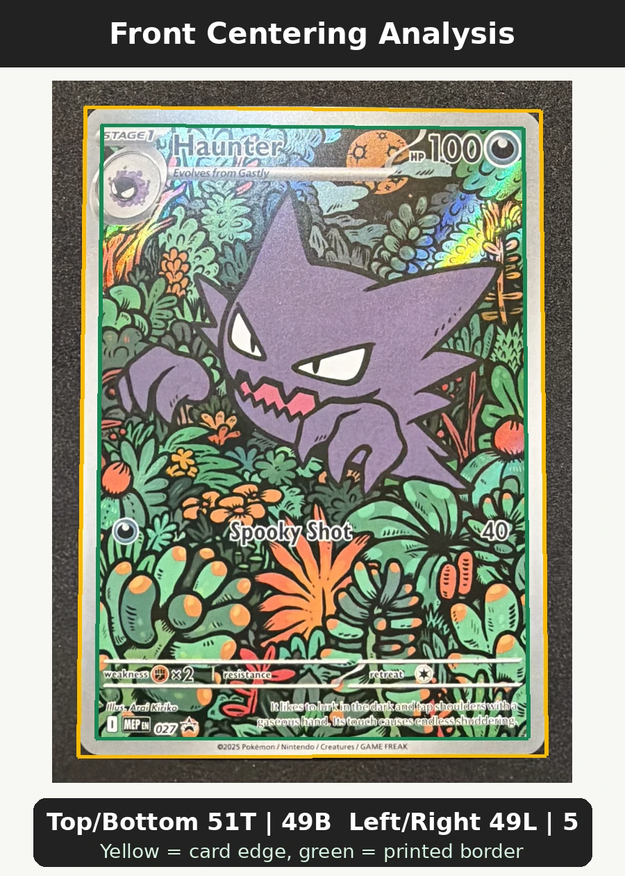 Haunter 027 MEP Black Star Promos front centering analysis showing Top/Bottom 51T | 49B and Left/Right 49L | 51R.