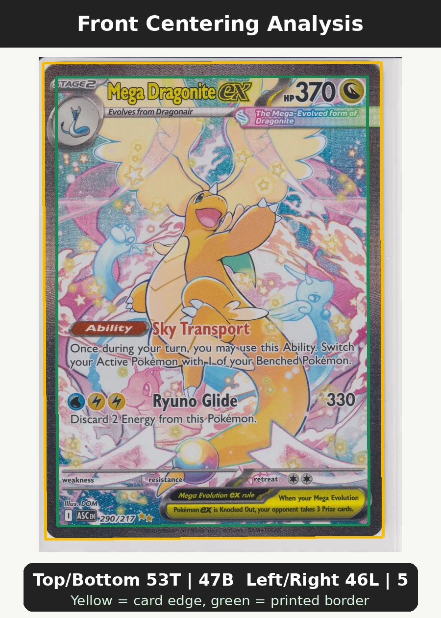 Mega Dragonite ex 290/217 Ascended Heroes front centering analysis showing Top/Bottom 53T | 47B and Left/Right 46L | 54R.