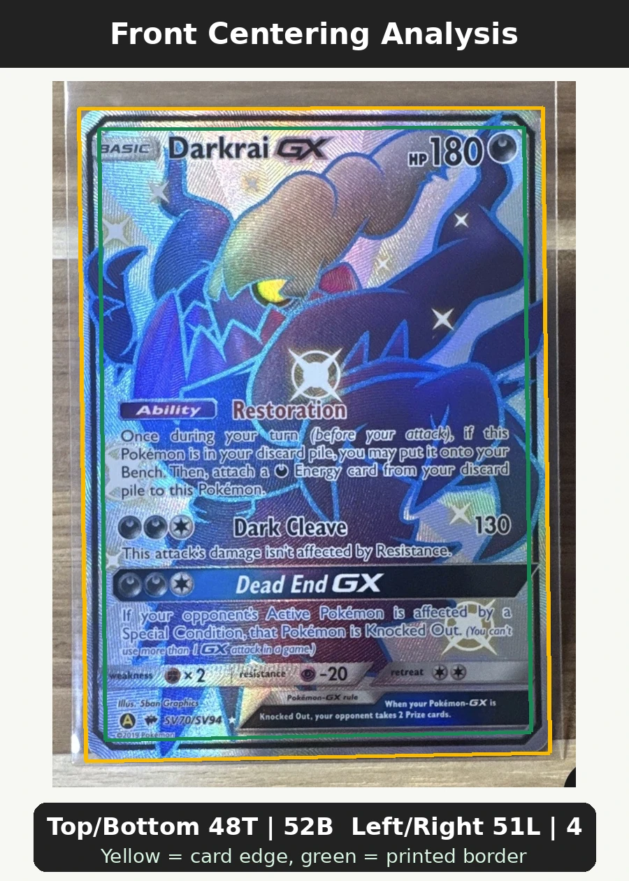 Darkrai-GX SV70/94 Hidden Fates Shiny Vault front centering analysis showing Top/Bottom 48T | 52B and Left/Right 51L | 49R.