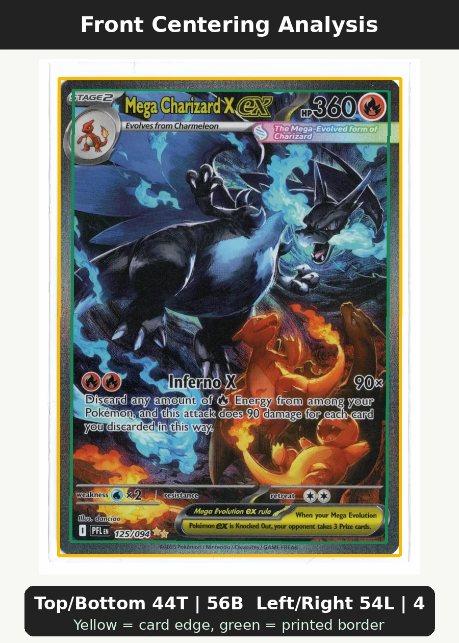 Mega Charizard X ex 125/94 Phantasmal Flames front centering analysis showing Top/Bottom 44T | 56B and Left/Right 54L | 46R.