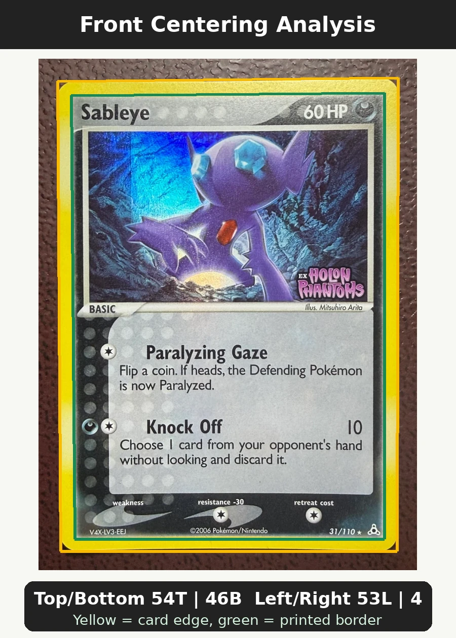 Sableye 031/110 (Reverse Holo) Holon Phantoms front centering analysis showing Top/Bottom 54T | 46B and Left/Right 53L | 47R.