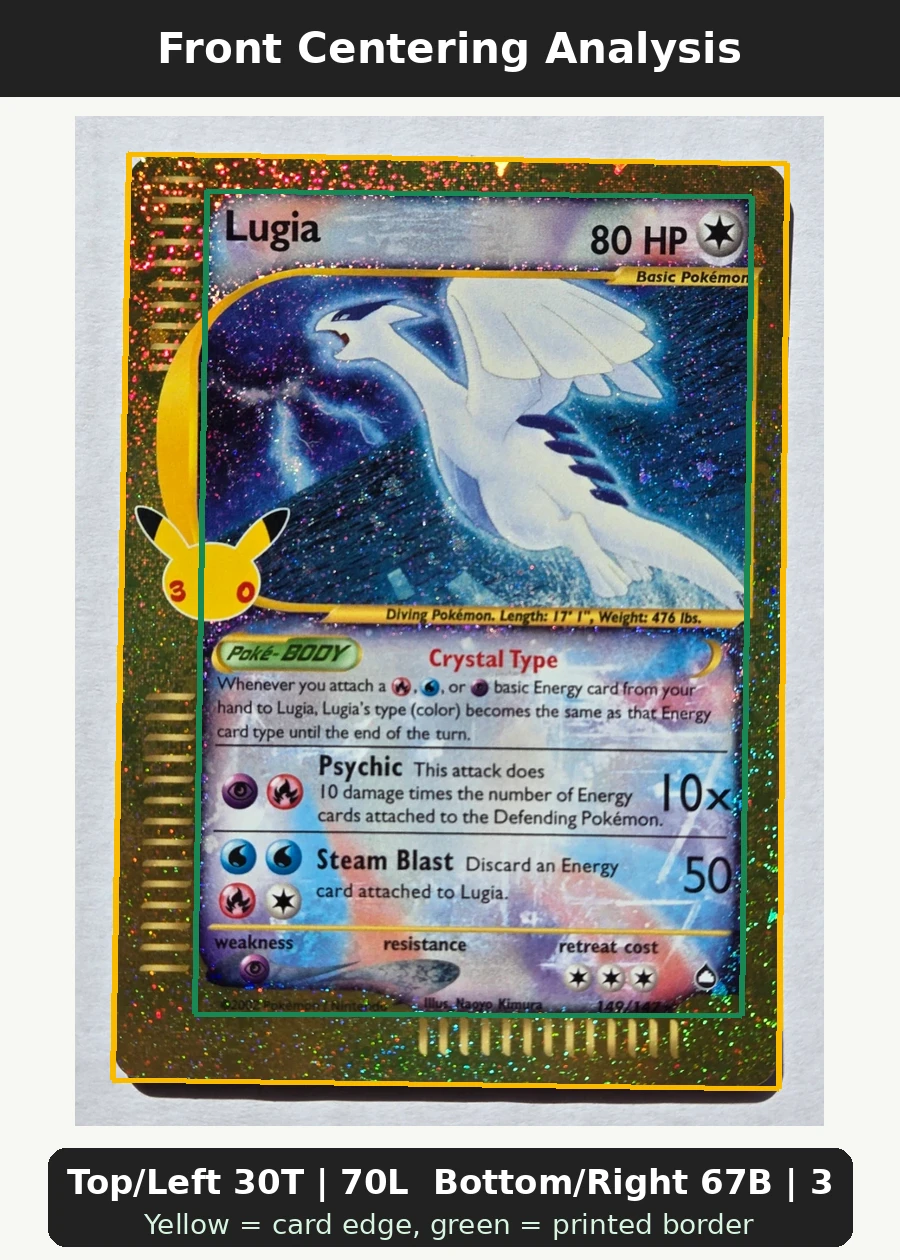 Lugia 149 30th Classic Collection front centering analysis showing Top/Left 30T | 70L and Bottom/Right 67B | 33R.
