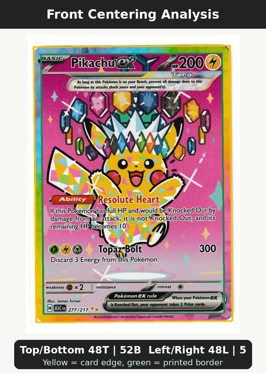 Pikachu ex 277/217 Ascended Heroes front centering analysis showing Top/Bottom 48T | 52B and Left/Right 48L | 52R.