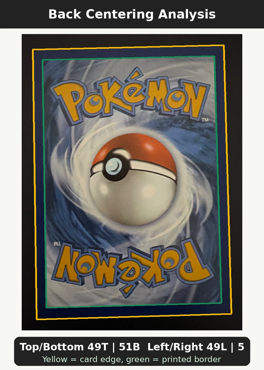 Eevee 173/225 SVP Black Star Promos back centering analysis showing Top/Bottom 49T | 51B and Left/Right 49L | 51R.