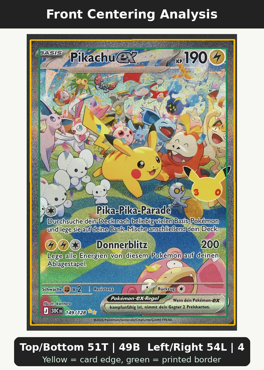 Pikachu ex 149/128 30th Celebration front centering analysis showing Top/Bottom 51T | 49B and Left/Right 54L | 46R.