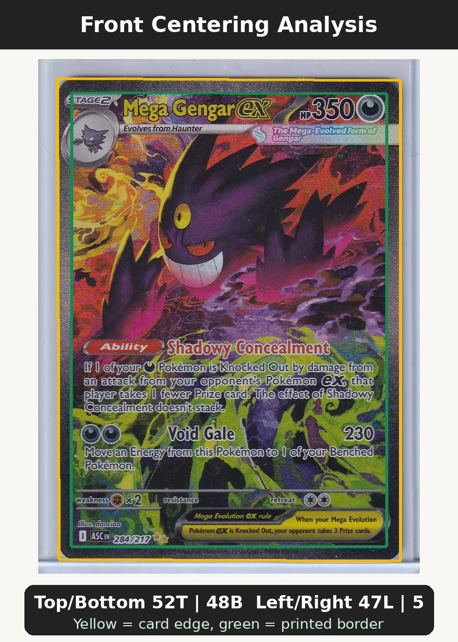 Mega Gengar ex 284/217 Ascended Heroes front centering analysis showing Top/Bottom 52T | 48B and Left/Right 47L | 53R.